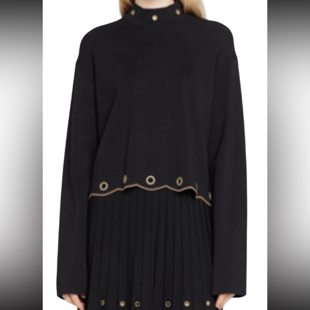 Jonathan Simkhai Mock Neck Grommet Scallop Hem Knit Top Black Size S
